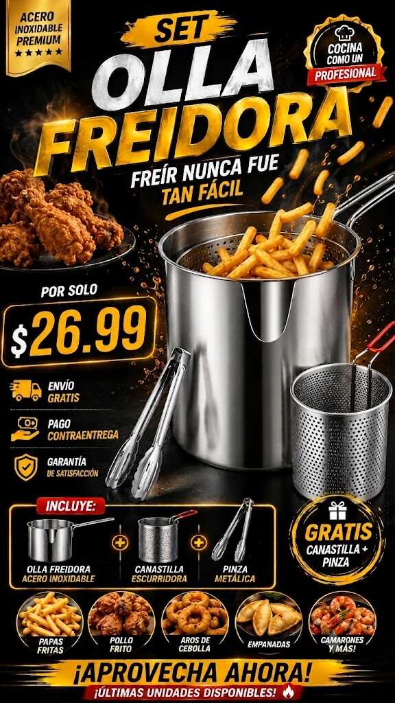 SOLO HOY GRAN LIQUIDACION: Freidora Acero Inoxidable + Envió GRATIS + Paga en la entrega